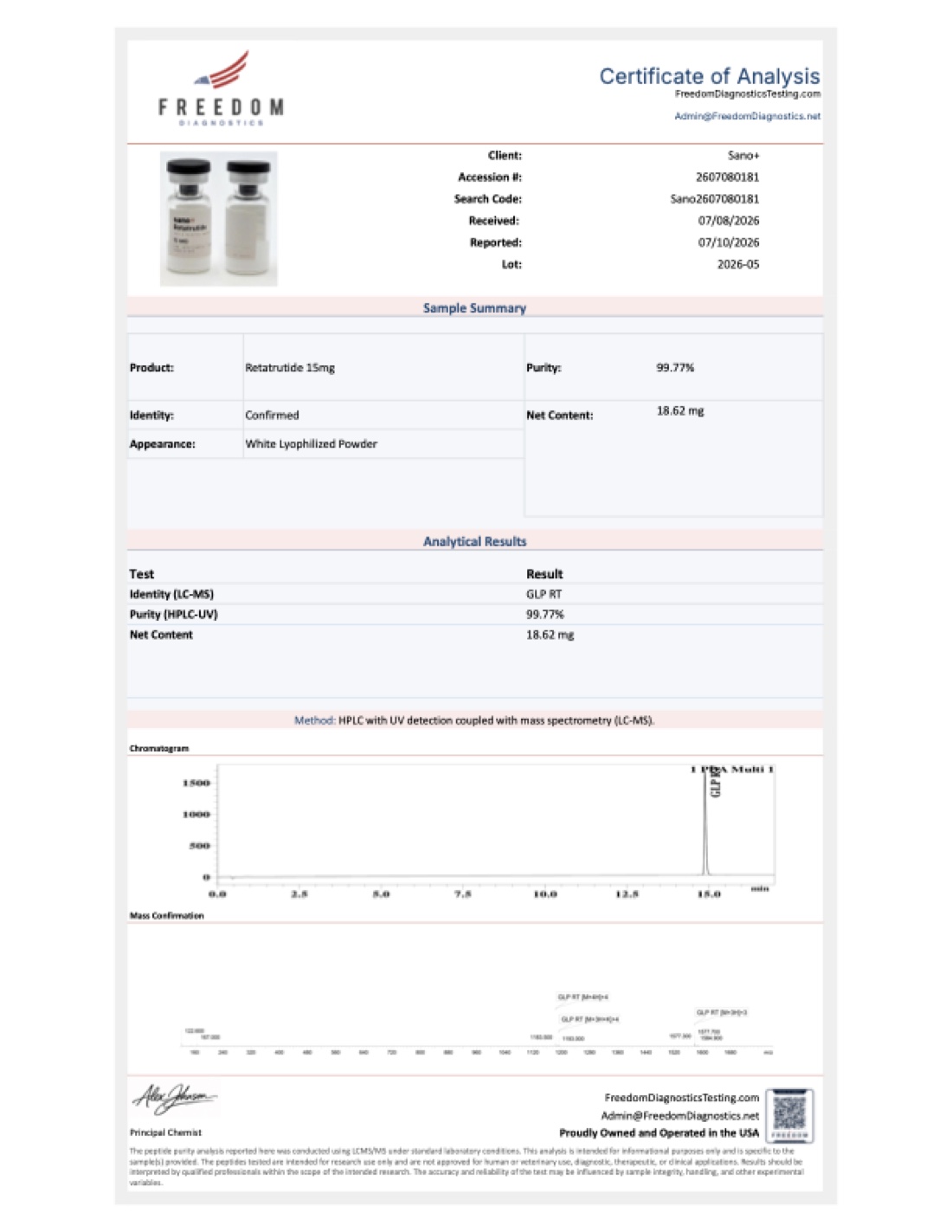 Certificado de análisis del Retatrutide, lote 2026-05 — 99.77% de pureza, Freedom Diagnostics